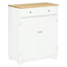 Kitchen Storage Cabinet, Sideboard Floor Cupboard With Solid Wood Top, Adjustable Shelf & 2 Drawers For Living Room, Hallway, White