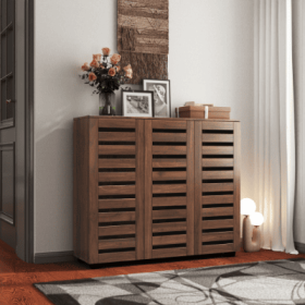 Shoe Cabinet, 5-Tier Shoe Storage Cabinet With Adjustable Shelves, Wooden Shoe Rack Organizer With Louvered Doors For Entryway, Hallway, Bedroom, Clos