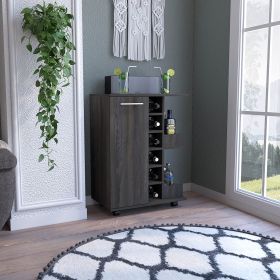 Bar Cart; Two External Shelves; Four Casters; Six Built-in Wine Rack; Single Door Cabinet -Espresso