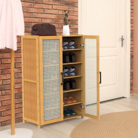 6-Tier Shoe Cabinet with Bamboo Shoe Rack Freestanding Shoe Organizer with 2 Hollow Doors and Handles 154lbs Max Load for Closet Hallway Living R