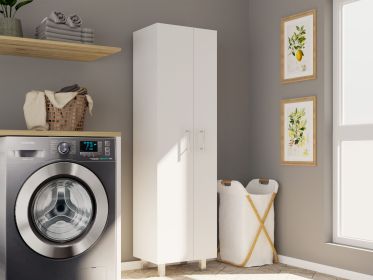 Cleaning Cabinet with Five Shelves and Broom Hangers, White