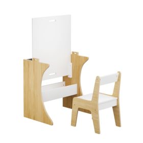 Kids Table Set with One Chair, Multifunctional Wooden Children Study Table-Convertible Tabletop for Study, Drawing & Play, Natural