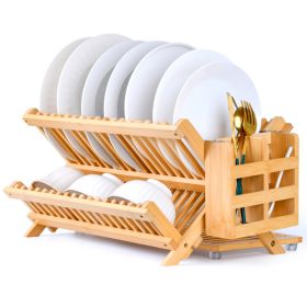 Bamboo Dish Rack, 3-Tier Foldable Wood Dish Drying Rack for Kitchen Counter â€“ Space-Saving Organizer with Utensil Holder