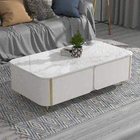 1pc Modern Luxury Coffee Table, 51.1" Rectangle Coffee Table with Drawer, Faux Marble Top, Curved Profile Design, Gold Metal Decor