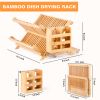 Bamboo Dish Rack, 3-Tier Foldable Wood Dish Drying Rack for Kitchen Counter â€“ Space-Saving Organizer with Utensil Holder