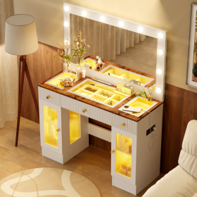 43.3 Vanity Desk With Large Mirror And Hollywood Bulbs, Modern Glass Top Makeup Vanity With Drawers And Power Outlet, Large Dressing Table With 3 (Color: White)