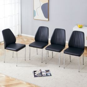 Set Of Four Black PU Comfort Dining Chairs 17.7x25 Dining Chair With Extended Backrest,BLACK PU,Silver Metal Legs,Suitable For Various Places Suc (Color: Black)
