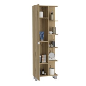 Venus Linen Single Door Cabinet, Five External Shelves, Four Interior Shelves (Color: Light Oak)