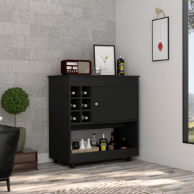 Lotus Bar Cart, Six Bottle Cubbies, One Cabinet, Four Casters (Color: Black)