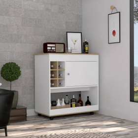 Lotus Bar Cart, Six Bottle Cubbies, One Cabinet, Four Casters (Color: White / Light Oak)
