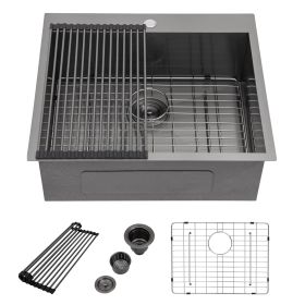 Kitchen Sink Drop-in Topmount Single Bowl Gunmetal Black Stainless Steel Sink (Color: Gunmetal Black, size: 25)