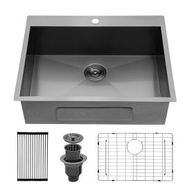 Kitchen Sink Drop-in Topmount Single Bowl Gunmetal Black Stainless Steel Sink (Color: Gunmetal Black, size: 28)
