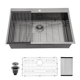 Kitchen Sink Drop-in Topmount Single Bowl Gunmetal Black Stainless Steel Sink (Color: Gunmetal Black, size: 30)