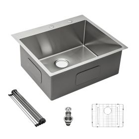 Lordear 16 Gauge Kitchen Sink Drop-in Topmount Single Bowl Gunmetal Black Stainless Steel Sink (Color: Stainless Steel, size: 33)