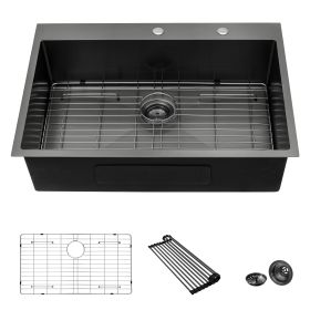 Lordear 16 Gauge Kitchen Sink Drop-in Topmount Single Bowl Gunmetal Black Stainless Steel Sink (Color: Gunmetal Black, size: 33)
