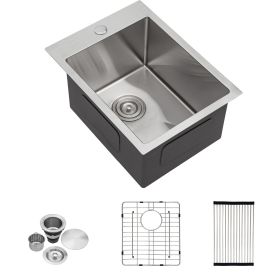 Lordear 16 Gauge Kitchen Sink Drop-in Topmount Single Bowl Gunmetal Black Stainless Steel Sink (Color: Stainless Steel, size: 15)