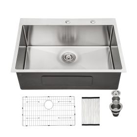Lordear 16 Gauge Kitchen Sink Drop-in Topmount Single Bowl Gunmetal Black Stainless Steel Sink (Color: Stainless Steel, size: 28)