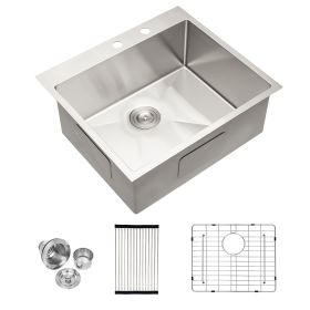 Lordear 16 Gauge Kitchen Sink Drop-in Topmount Single Bowl Gunmetal Black Stainless Steel Sink (Color: Stainless Steel, size: 25)