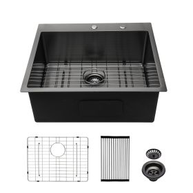 Lordear 16 Gauge Kitchen Sink Drop-in Topmount Single Bowl Gunmetal Black Stainless Steel Sink (Color: Gunmetal Black, size: 28)