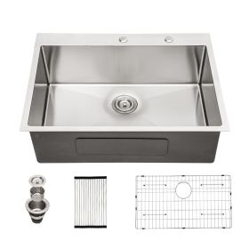 Lordear 16 Gauge Kitchen Sink Drop-in Topmount Single Bowl Gunmetal Black Stainless Steel Sink (Color: Stainless Steel, size: 30)