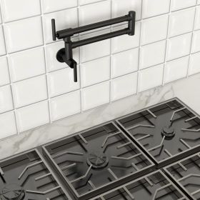 Double 360Â° Rotatable Joints Traditional Wall Mount Stove Swing Arm Folding Pot Filler Kitchen Faucet Double Handle with Spare Ceramic Valve (Color: Black)