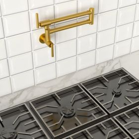 Double 360Â° Rotatable Joints Traditional Wall Mount Stove Swing Arm Folding Pot Filler Kitchen Faucet Double Handle with Spare Ceramic Valve (Color: Gold)