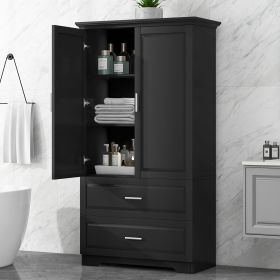 Tall Bathroom Storage Cabinet, Cabinet with Two Doors and Drawers, Adjustable Shelf, MDF Board (Color: Black, Material: MDF)