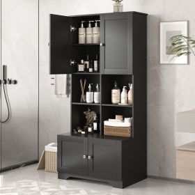 Tall and Wide Bathroom Floor Storage Cabinet, Bathroom Storage Unit, Freestanding Cabinet with 4 Doors, Adjustable Shelves, Open multi-layer Shel (Color: Black, Material: MDF)