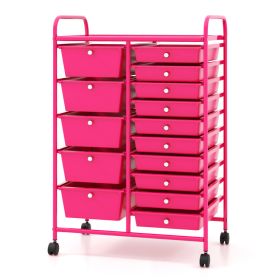 15-Drawer Utility Rolling Organizer Cart Multi-Use Storage (Color: Pink)
