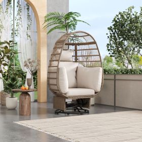 Outdoor Swivel Chair with Cushions, Rattan Egg Patio Chair with Rocking Function for Balcony, Poolside and Garden (Color: Natural+Beige, Material: Wicker)
