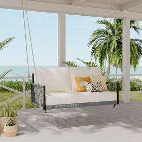 1-Piece Woven Rope Outdoor Swing Sofa with Soft Cushions Seating 2 for Patio, Courtyard and Balcony (Color: Beige+Black, Material: Woven Rope)