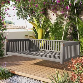 Patio Minimalist Twin Size Garden Swing Bed Wood Porch Swing with Ropes for Backyard, Safe Sloped Design (Color: Gray, Material: Acacia Wood)